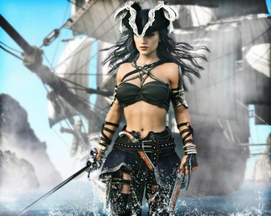 Portrait of a pirate female coming ashore . 3d rendering clipart