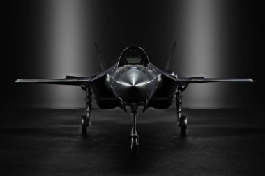 Advanced F35 secret jet in an undisclosed location with silhouette lighting. 3d rendering clipart