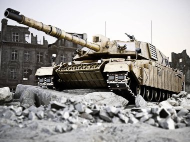 Arka planda yıkılmış bir şehir kalıntısı olan ağır tank yerini aldı. 3d oluşturma 