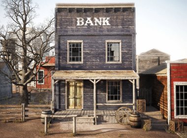 Batı kasabası rustik banka. 3D render