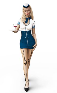 Cyber uçuş görevlisi. Havayolu seyahat geleceği burada bir seksi kadın android şarap hizmet veren hostes ile. Beyaz bir arka plan üzerinde izole 3d render. 