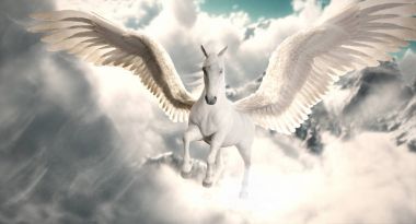 Pegasus uçuş. Yüksek bulutlar ve kar üzerinde uçan görkemli Pegasus at dağlar kadar yükseldi. 3D render