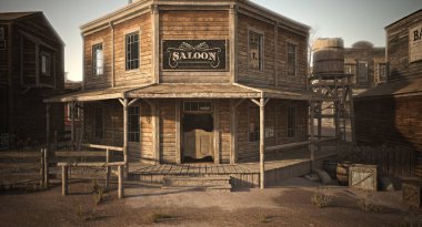 Western town saloon with various businesses . 3d rendering clipart