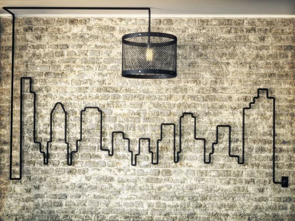 Rustic light kit accented wall of a city skyline on a brick wall background. 3d rendering illustration.