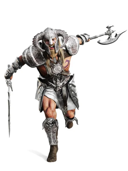 Fierce Armored Barbarian Warrior Running Battle Isolated White Background Rendering — Stock Photo, Image