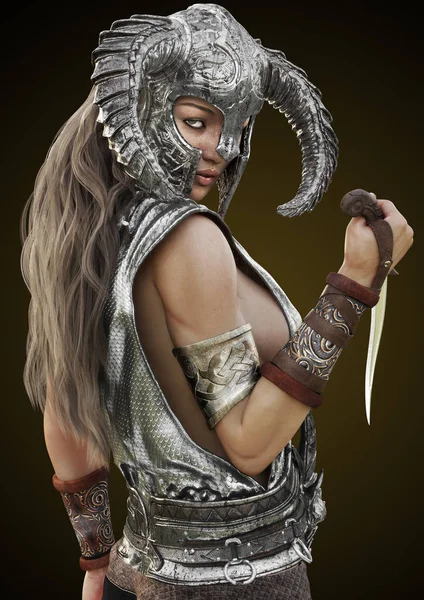 Fantasy Rouge Warrior Female Posing Helmet Dagger Gradient Background Rendering — Stock Photo, Image