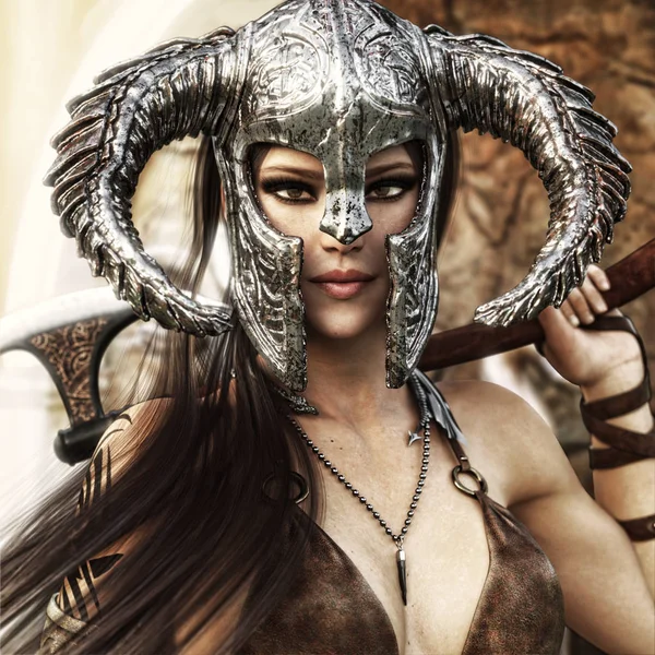 Mooie Dodelijke Fantasie Warrior Vrouw Draagt Een Traditionele Barbaar Stijl — Stockfoto