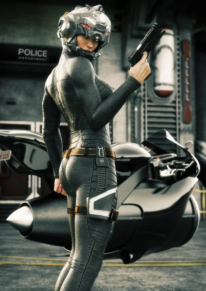 科幻女警官摆在她的喷气自行车前 戴着头盔 身穿制服 在警察局的背景下 渲染插图 — 图库照片