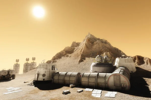 生息地決済研究と火星の荒涼とした地球上の生きている四分の一 レンダリング図 — ストック写真