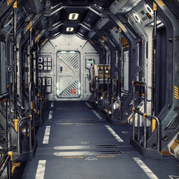Futuristische Metaal Sci Corridor Tunnel Schip Interieur Rendering Illustratie Render — Stockfoto