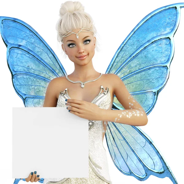 Cute Fairy Holding Blank Sign Room Text Copy Space Advertisement — Stock Photo, Image