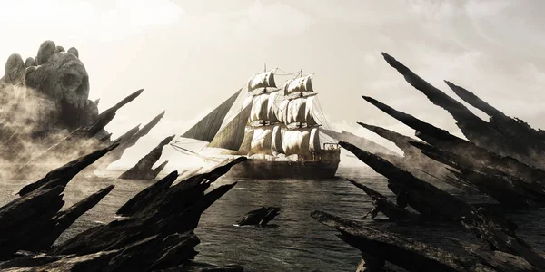 Search Skull Island Pirate Merchant Sailing Ship Sailing Mysterious Foggy — Stock Photo, Image