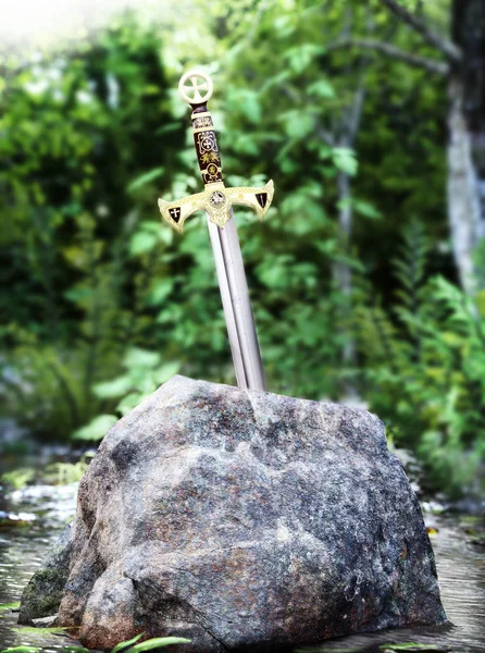 Sword in stone .  Metaphor for goals ,dedication or determination .3d rendering