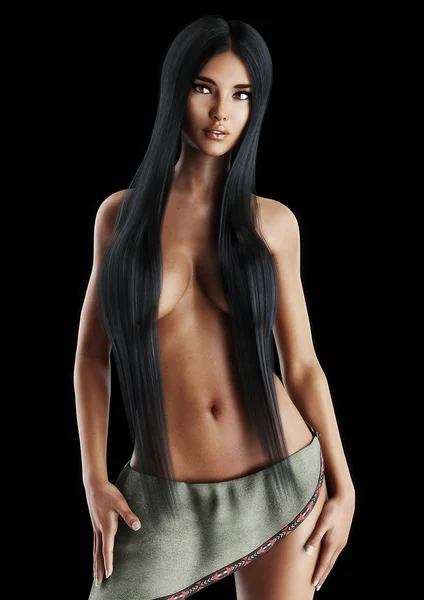 Mujer Nativa Americana Posando Semi Desnuda Topless Con Fondo Negro — Foto de Stock