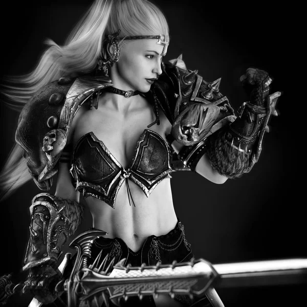 Warrior woman. Fantasy 3d rendering in black and white