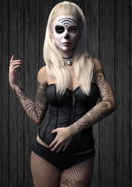 Retrato Una Mujer Con Cráneo Maquillaje Tatuajes Con Corsé Negro — Foto de Stock