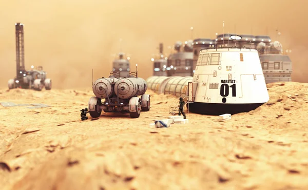 栖息地定居研究和居住在荒凉的火星红色星球上的生活区 渲染插图 — 图库照片