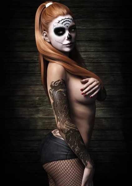 Retrato Lateral Una Mujer Pelirroja Semidesnuda Con Maquillaje Cráneo Tatuajes — Foto de Stock