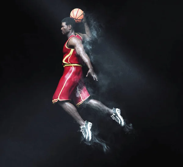 Basketball Joueur Dans Dunk Slam Avec Fumée Des Effets Rayons — Photo