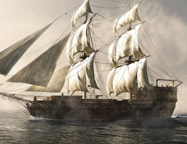 Zijaanzicht Van Een Piraat Schip Schip Zeilen Door Mist Rendering — Stockfoto