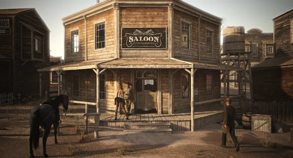 Populated Western Town Saloon Various Businesses Rendering — Stock Photo, Image