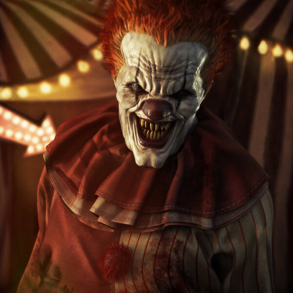 Frightening Evil looking clown posing in front of a circus tent. 3d rendering