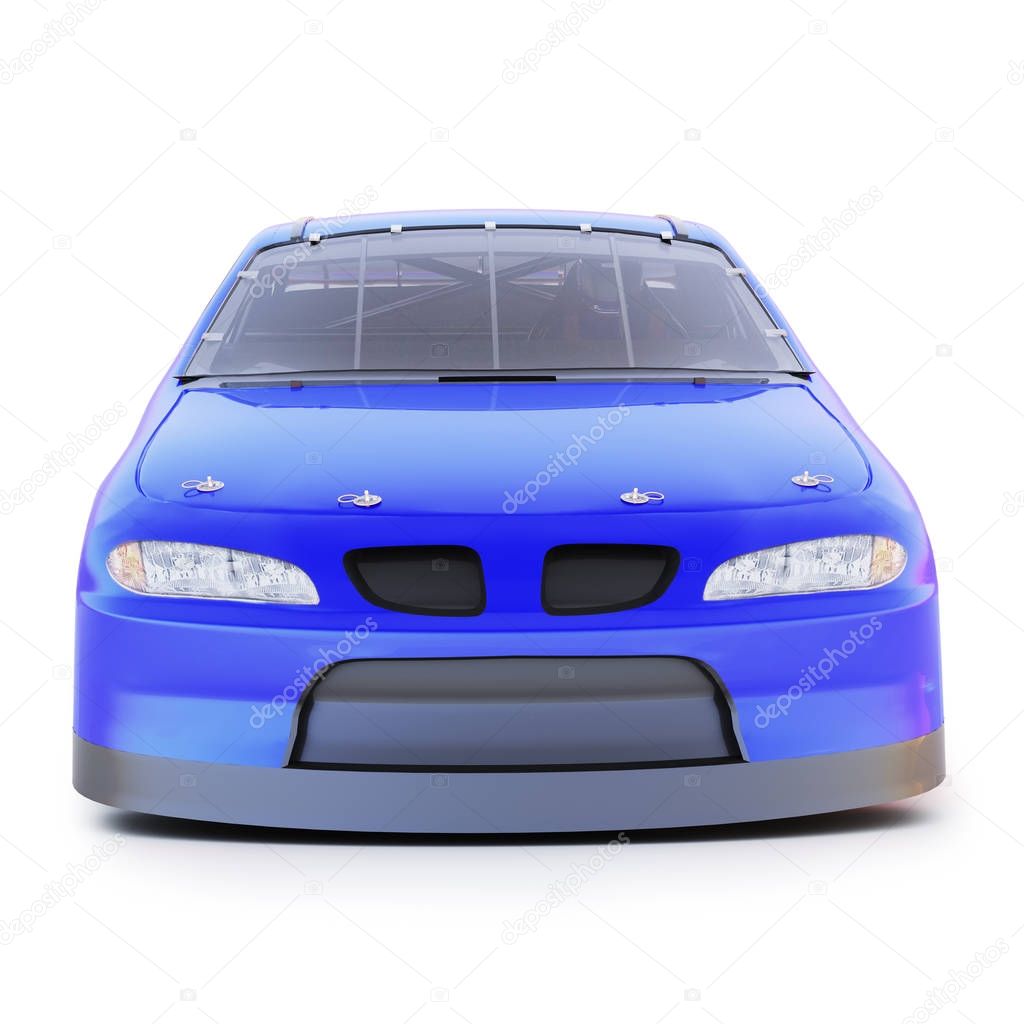 Front view of a blue generic motorsports auto racing car on an isolated white background .3d rendering