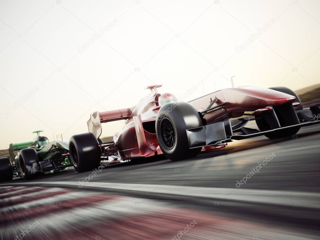 Motor sports competitive team racing. Fast moving generic race cars racing down the track . 3d rendering with room for text or copy space
