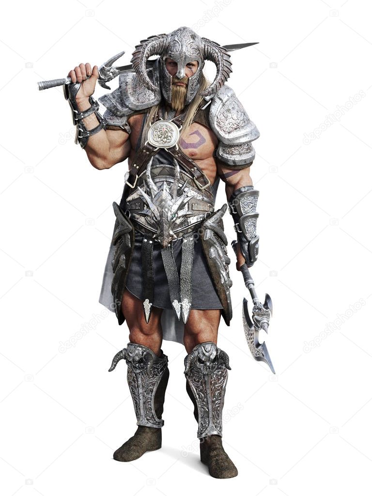 Standing fierce armored barbarian warrior posing on an isolated white background. 3d rendering illustration