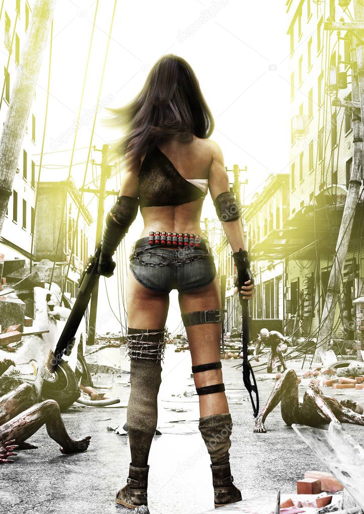 Training Day, Zombies advancing on a fully prepared Post Apocalyptic fearless female with a ruined city background. 3d rendering illustration.