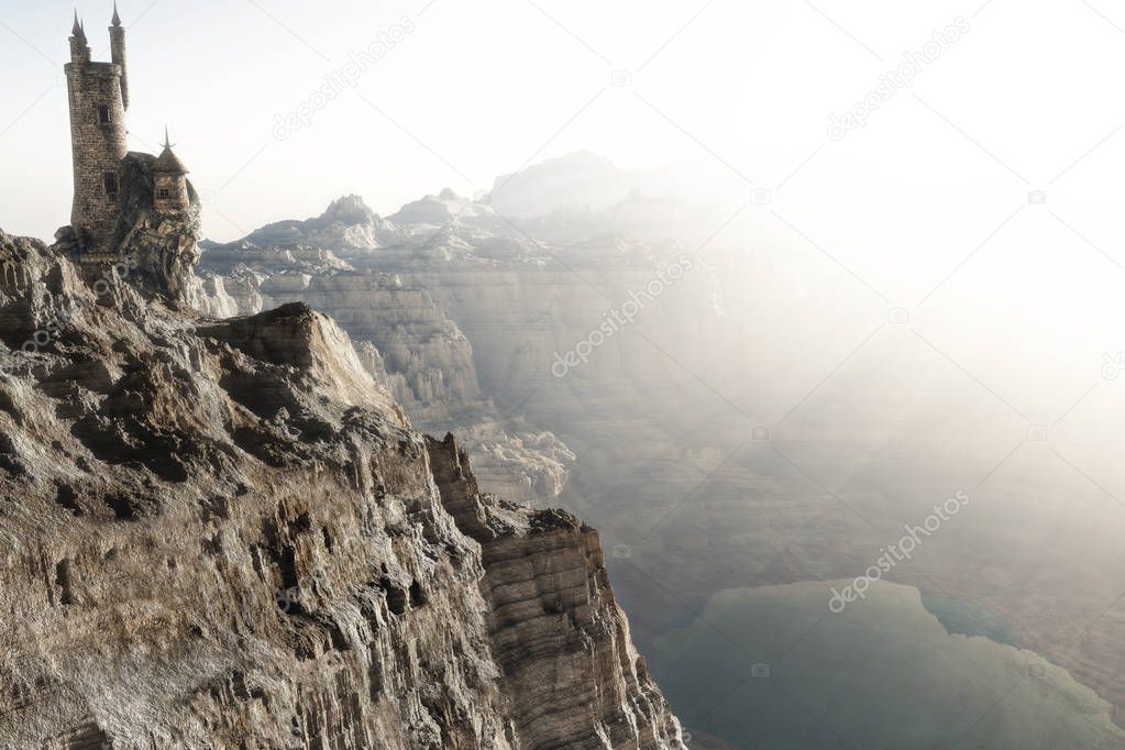 Wizards tower high above the mountains edge overlooking a lake. Fantasy concept 3d rendering illustration. 3d render