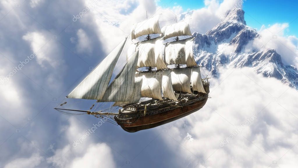 Fantasy concept of a pirate ship sailing through the clouds with snow cap mountains in background. 3d rendering illustration 
