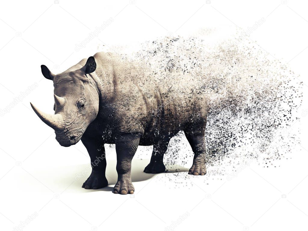 Rhinoceros on a white background with a dispersion abstract  effect. 3d rendering