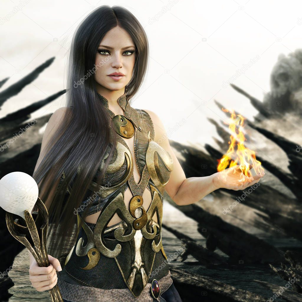 Fantasy wizard female with flames coming from her hands and a mythical skull island in the background. 3d rendering