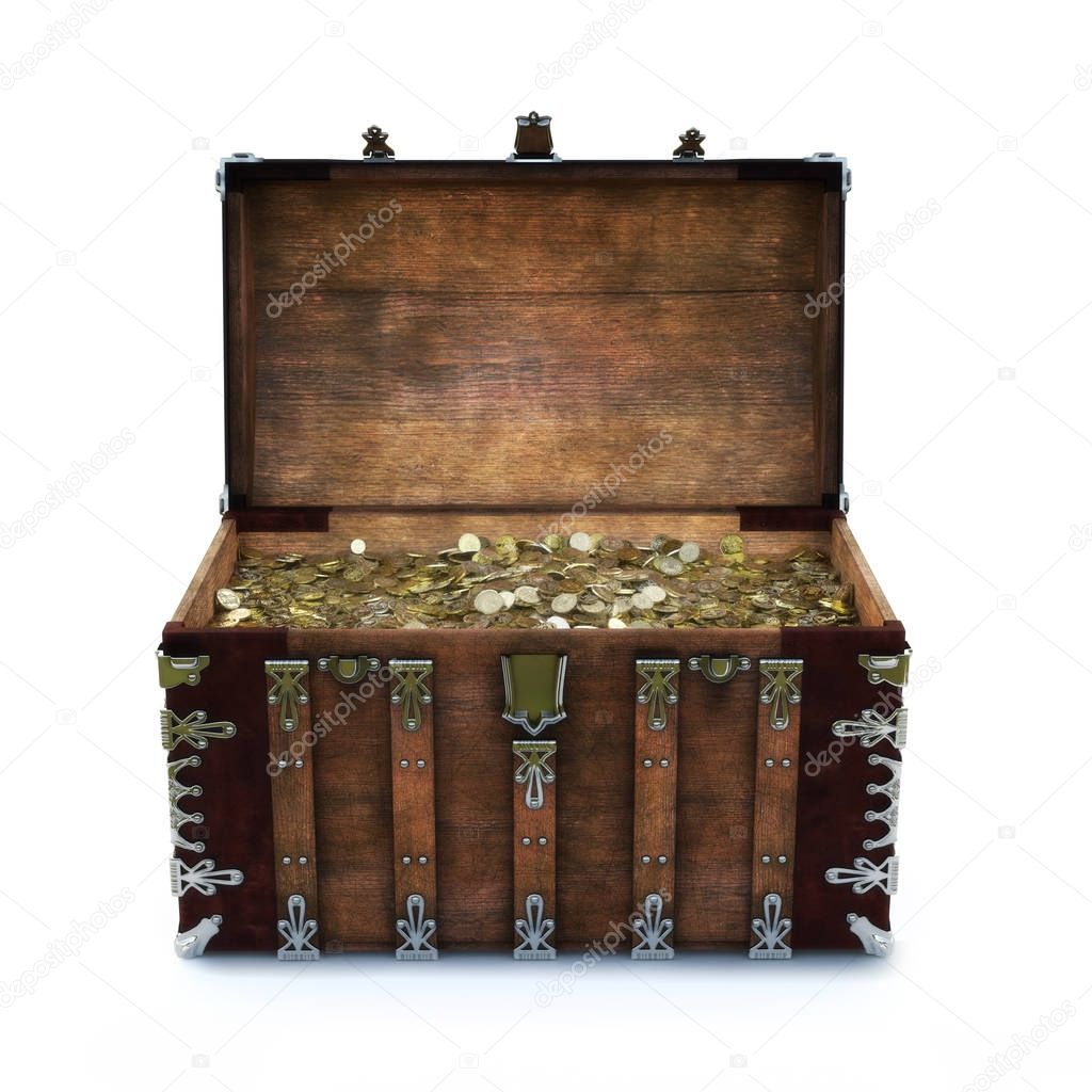 Old chest filled with gold coins on an isolated white background. 3d rendering