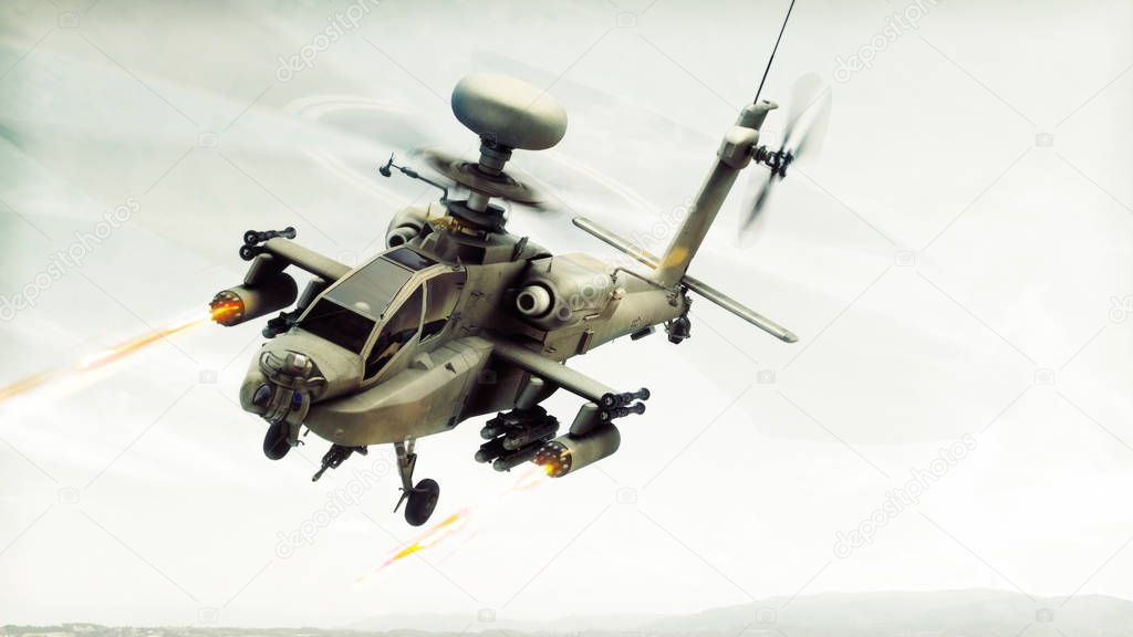 Attack Apache longbow helicopter gunship engaging a target firing its rockets. 3d rendering