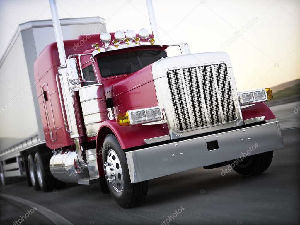 Generic semi truck hauling cargo down the road with motion blur. 3d rendering
