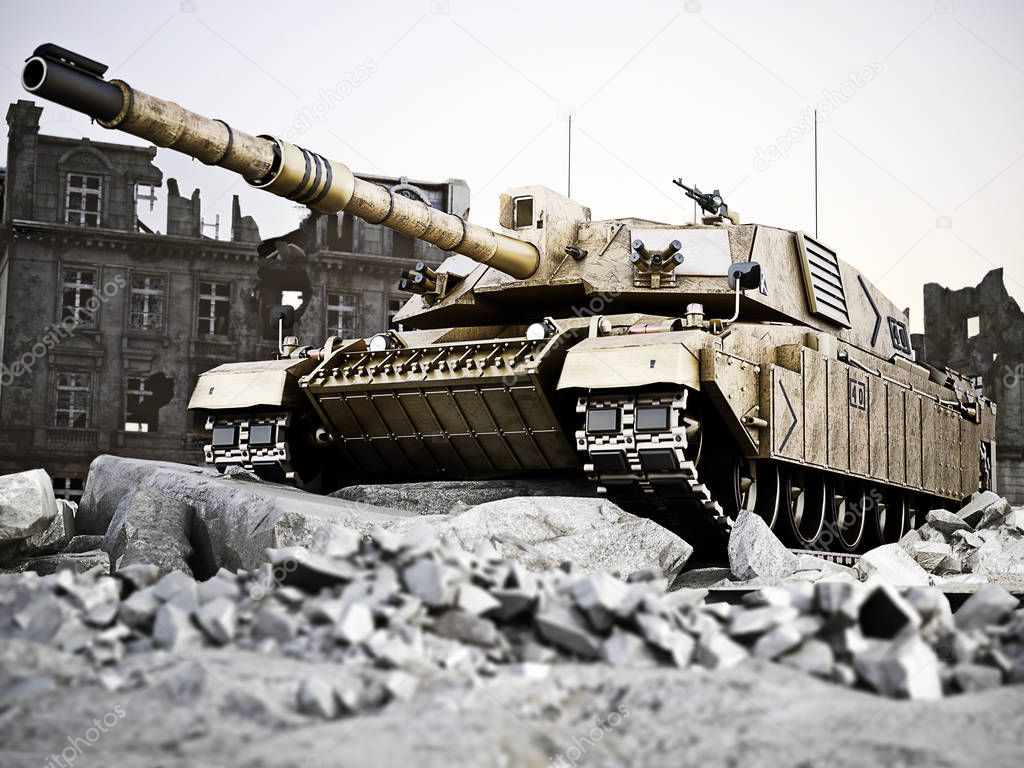 Heavy tank in position with a destroyed city ruins in background. 3d rendering 