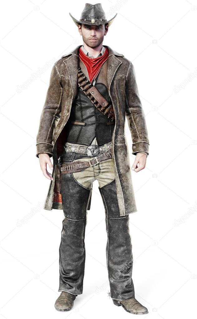 Portrait of a male cowboy in a traditional western outfit prepared to draw his weapon. 3d rendering on an isolated white background.