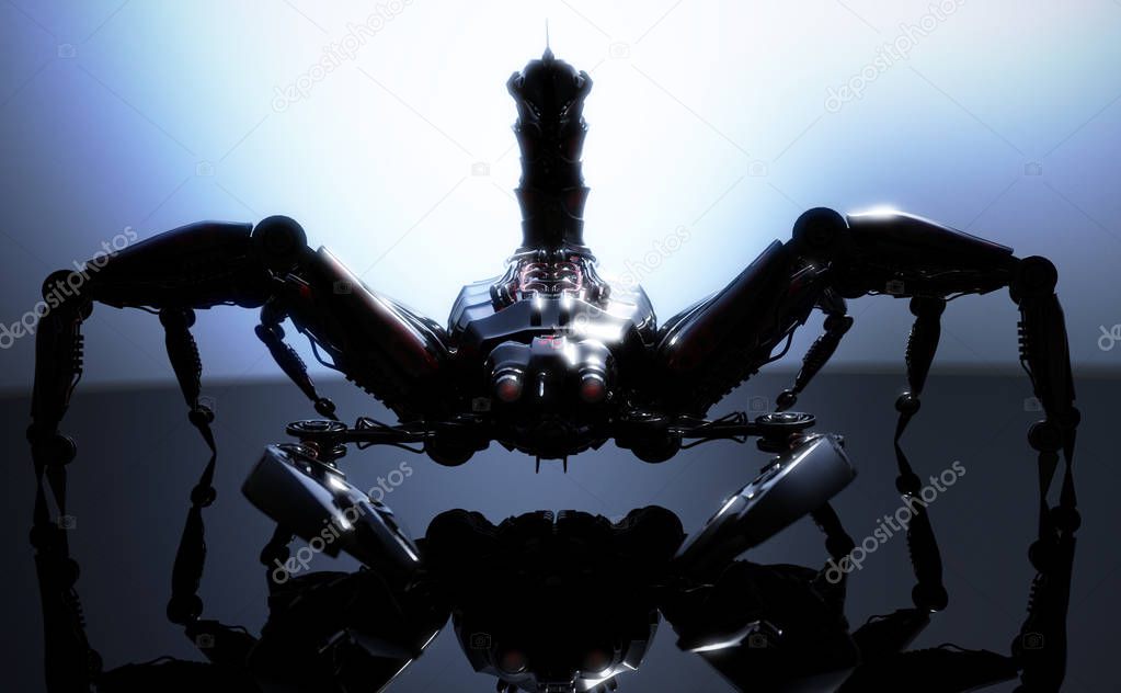 Mechanical dangerous scorpion concept posed an a reflective surface. 3d rendering