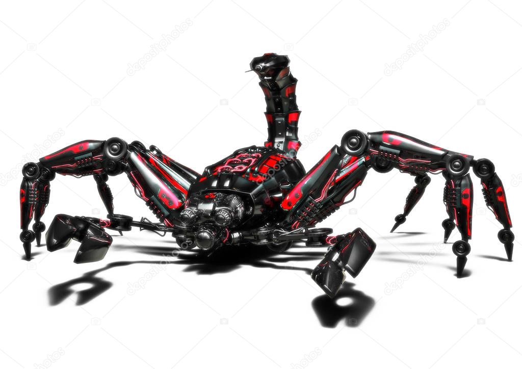 Mechanical dangerous scorpion concept on an isolated white background. 3d rendering