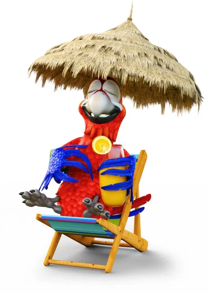 Гумористичний Папуга Розслабляється Напоєм Білому Ізольованому Фоні Візуалізація — стокове фото