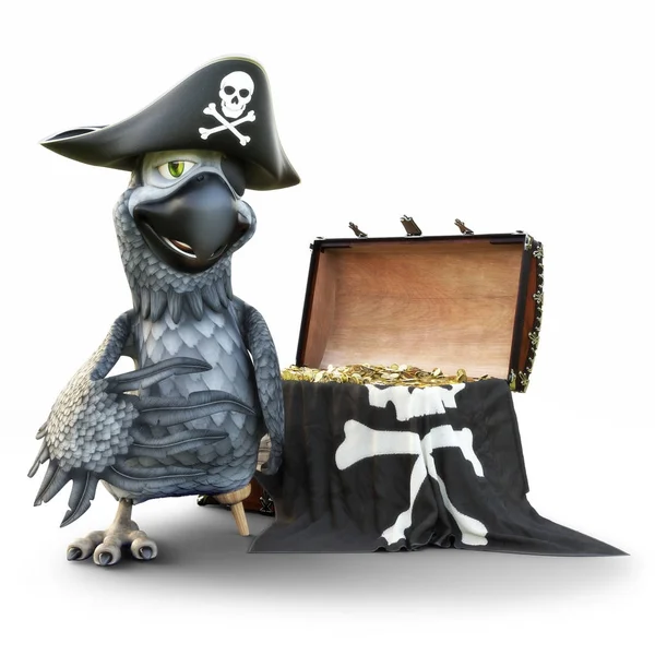 Pirate Parrot with patch and hat posing with a treasure chest on an isolated white background. 3d rendering