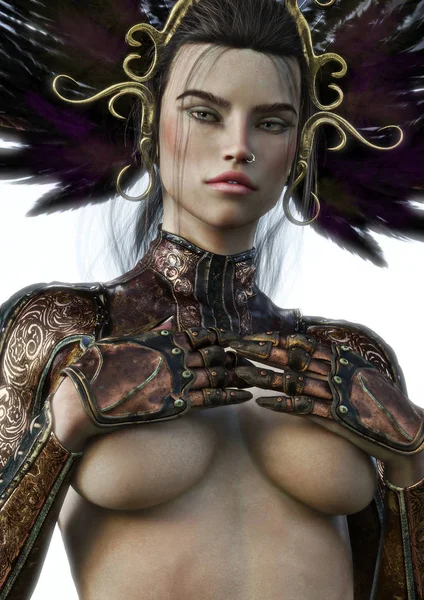 Retrato Una Mujer Fantasía Exótica Seductora Desnuda Parcial Con Armadura — Foto de Stock
