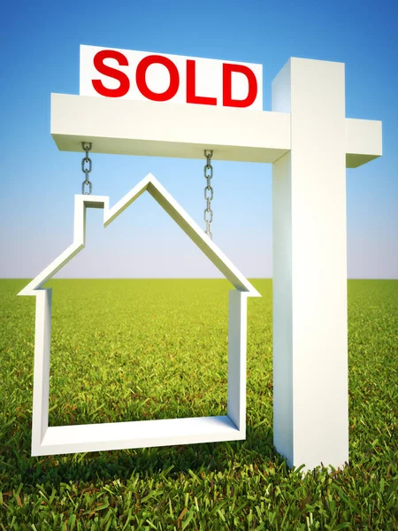 Real Estate Home Vendeu Sinal Conceito Com Fundo Céu Renderização — Fotografia de Stock