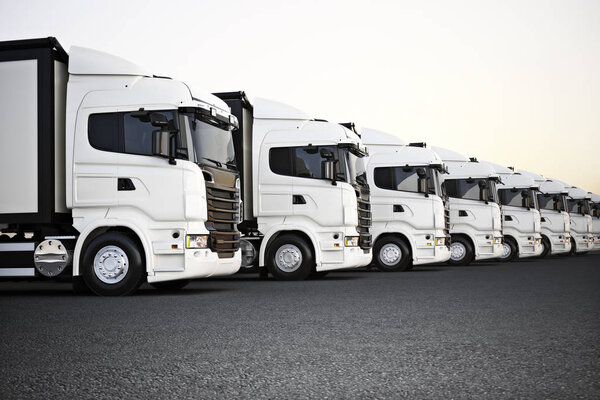 Флот белых коммерческих грузовиков, припаркованных в ряд, готовых к коммерческому распространению. 3D рендеринг с помещением для текстовой или копировальной рекламы
.
