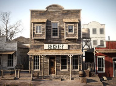Rustik Batı kasabası Şerif Ofisi. 3D render. Bir Batı kasabası serinin parçası