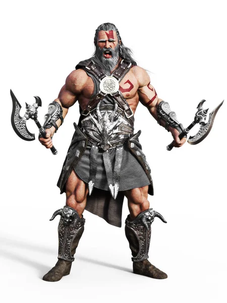 Fierce Armored Barbarian Warrior Ready Battle Isolated White Background Rendering — Stock Photo, Image