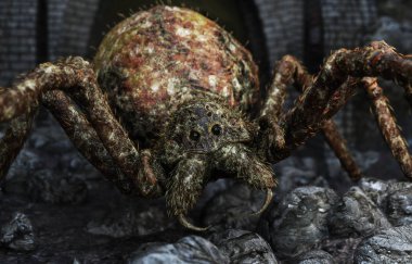 Closeup of a giant spider closing in on its prey. 3d rendering clipart