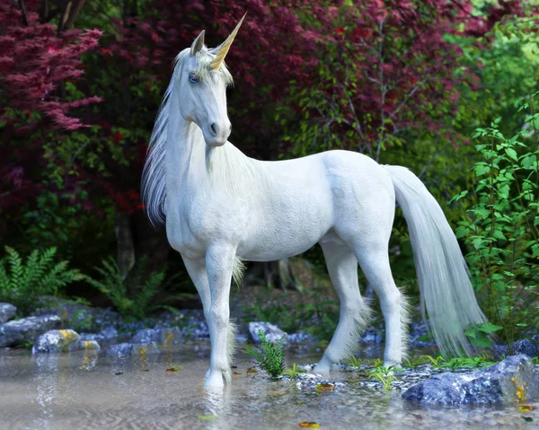 Majestätiska Unicorn Poserar Förtrollad Skog Rendering — Stockfoto
